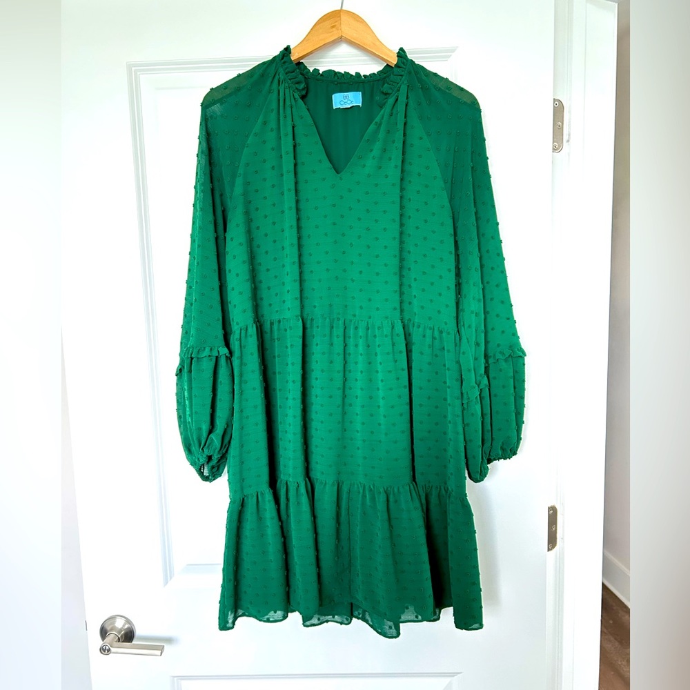 CeCe Emerald Green Swiss Dot Tiered Long Sleeve Dress